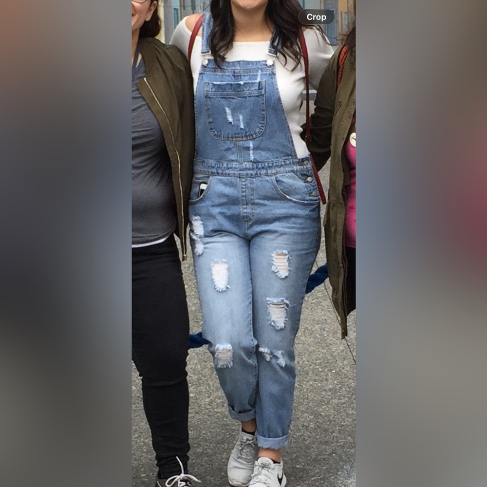 Forever 21 Light Blue Distressed Denim Overalls